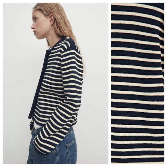 NWT. Massimo Dutti Navy Blue/Ecru Striped Gold-Toned Buttons Cardigan. Size XS. - Picture 3 of 8